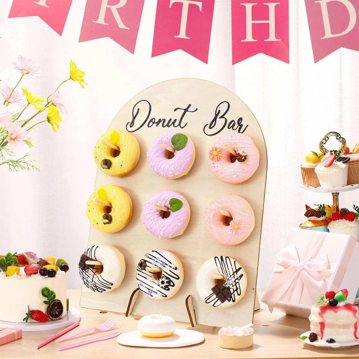 Soporte de Donut de madera en forma de arco, decoración para fiesta de Donut, suministros para fiesta de cumpleaños y boda, barra de Donut para Baby Shower - imagen 4
