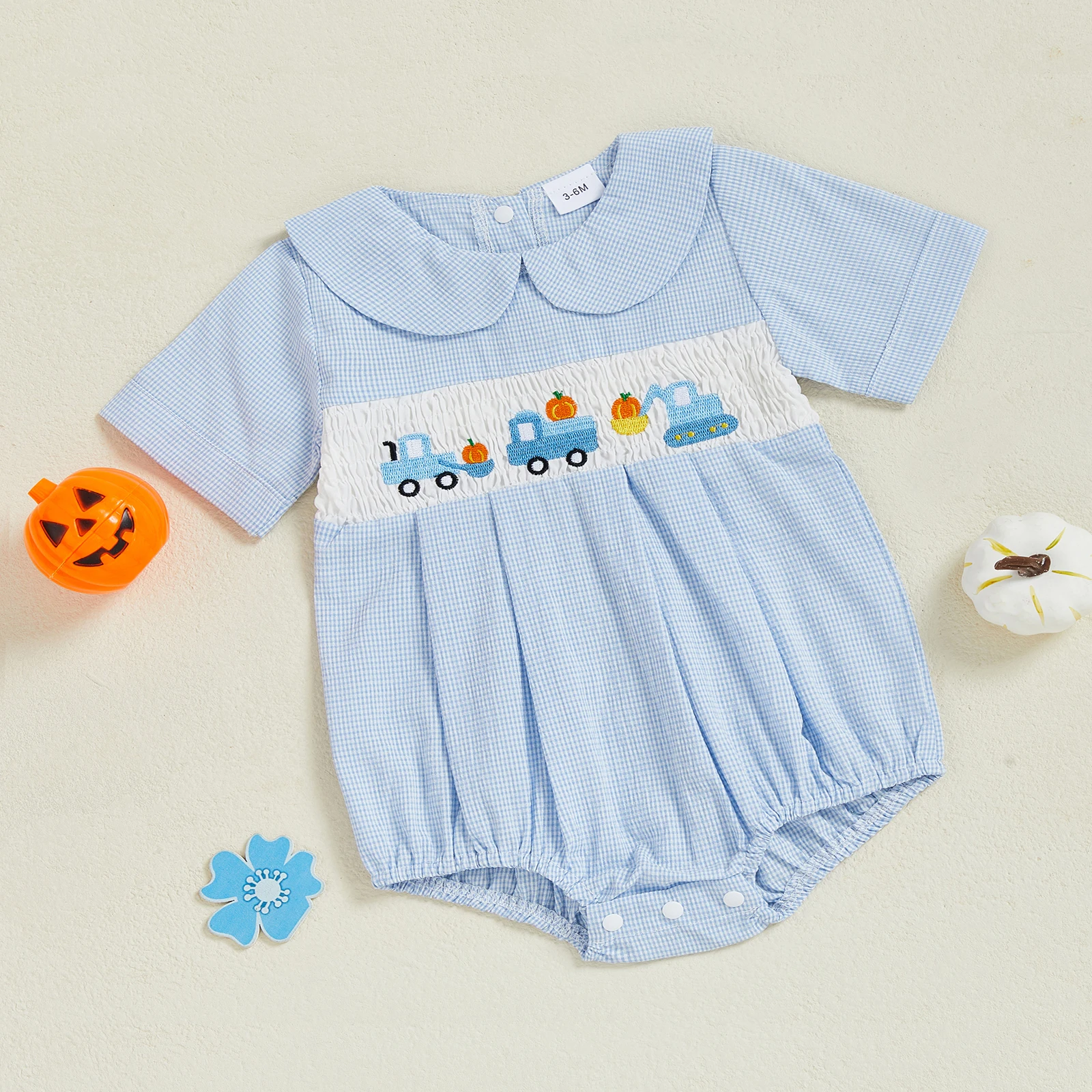 SUNSIOM, pelele a cuadros de verano para bebé, bordado de calabaza, mono de manga corta con cuello de muñeca, mono infantil, ropa de calle - imagen 3