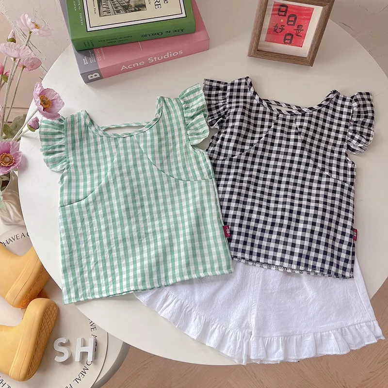 Nueva ropa de verano para niñas, traje para niños, chaleco a cuadros, pantalones cortos, 2 unids/set, ropa para niños, disfraz informal infantil, chándales para niños pequeños