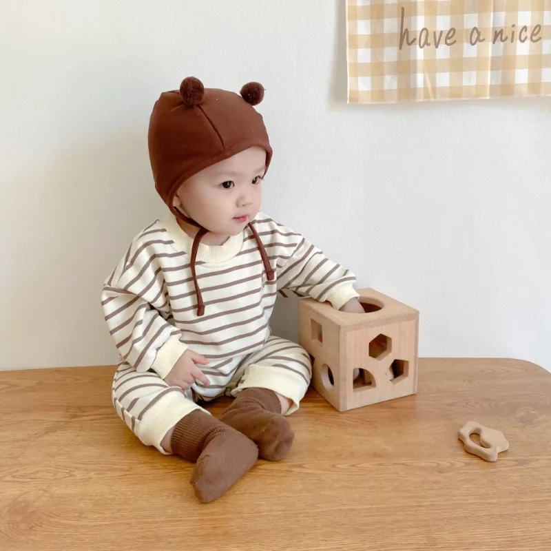 Pelele a rayas para bebé, mono informal de manga larga para primavera y otoño, mono de osito de estilo coreano para recién nacidos, ropa para niños y niñas - imagen 4