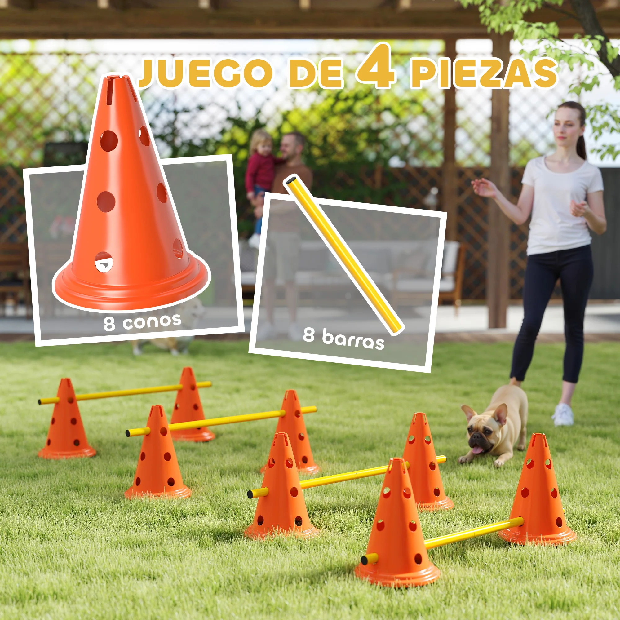 PawHut Juego de Agilidad para Perros, Vallas de Obstáculos de Entrenamiento de Coordinación, 8 Conos 30 cm de Altura, 4 Barras 80 cm de Longitud y Bolsa de Transporte, para Deporte de Fútbol y Perros - imagen 3