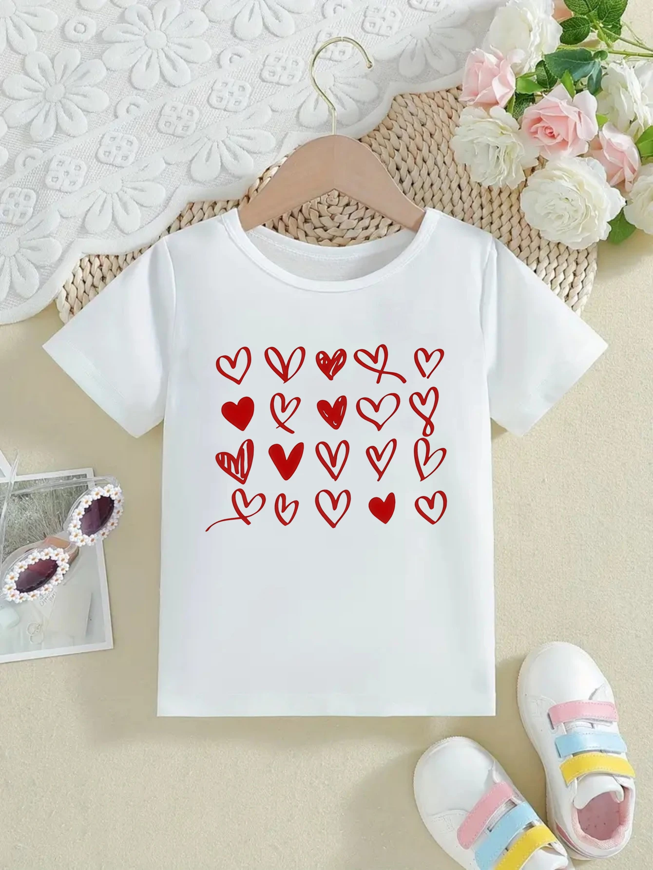 Camiseta con estampado de corazones de amor rojo para niñas, camiseta de regalo del Día de San Valentín, ropa Kawaii para niños, camisa blanca y negra de manga corta de verano