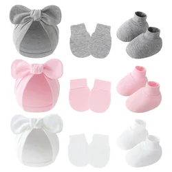 Gorro con lazo y mitones protectores para bebés de algodón suave