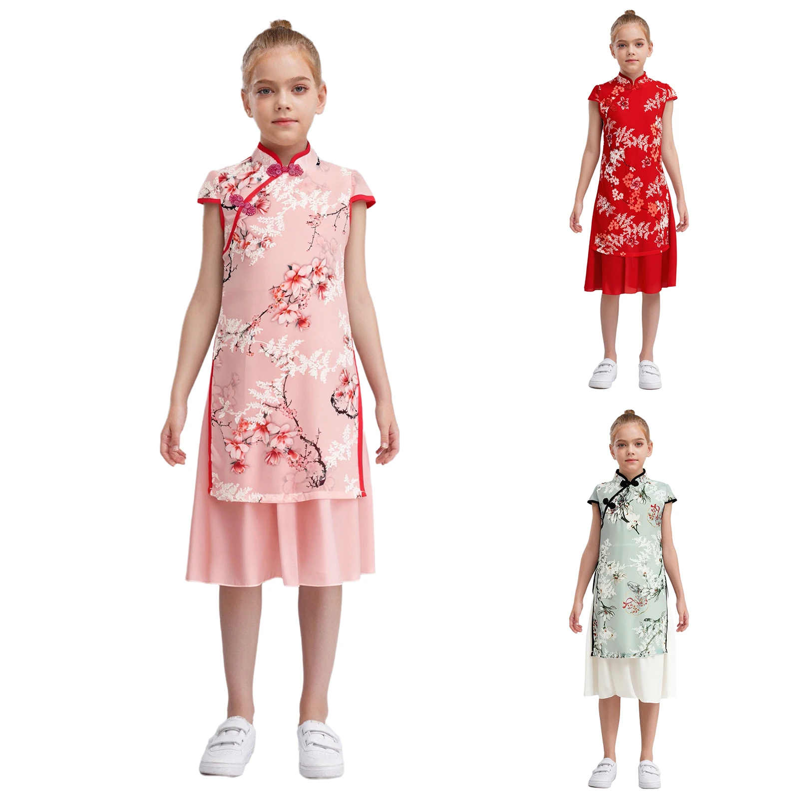 Cheongsam con estampado Floral bordado para niñas, cuello mandarín, mangas casquillo, nudo, botón, lados, vestido dividido, traje tradicional chino - imagen 2