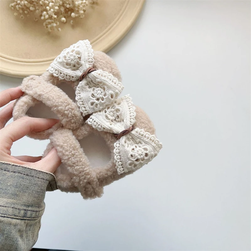 Zapatos de Otoño Invierno para niñas, zapatos de princesa con lazo para niños pequeños, zapatos antideslizantes de felpa de suela blanda para primeros pasos