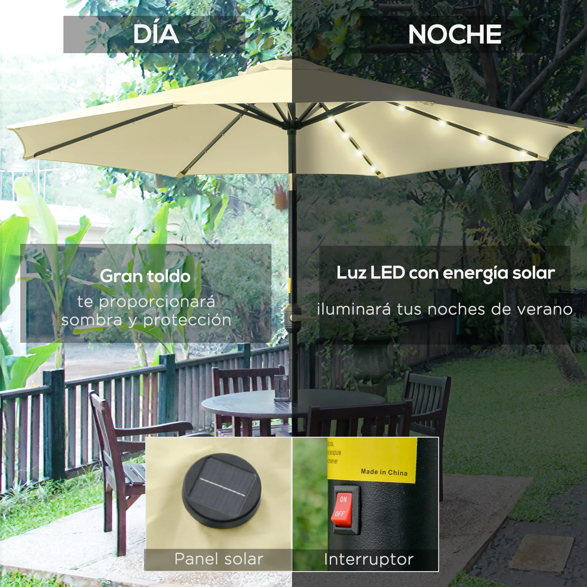 Outsunny Sombrilla de Jardín con 32 Luces LED Solares Ø265x233 cm Parasol Inclinable con Manivela y Poste de Acero para Terraza - imagen 3