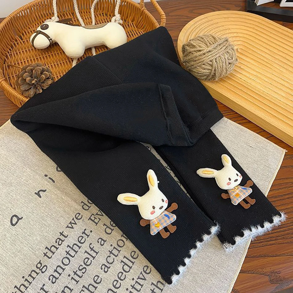 Leggings de invierno para niñas, pantalones cálidos con forro polar grueso, decoración de conejo 3D, pantalones para niños, pantalones térmicos de otoño para niños - imagen 2