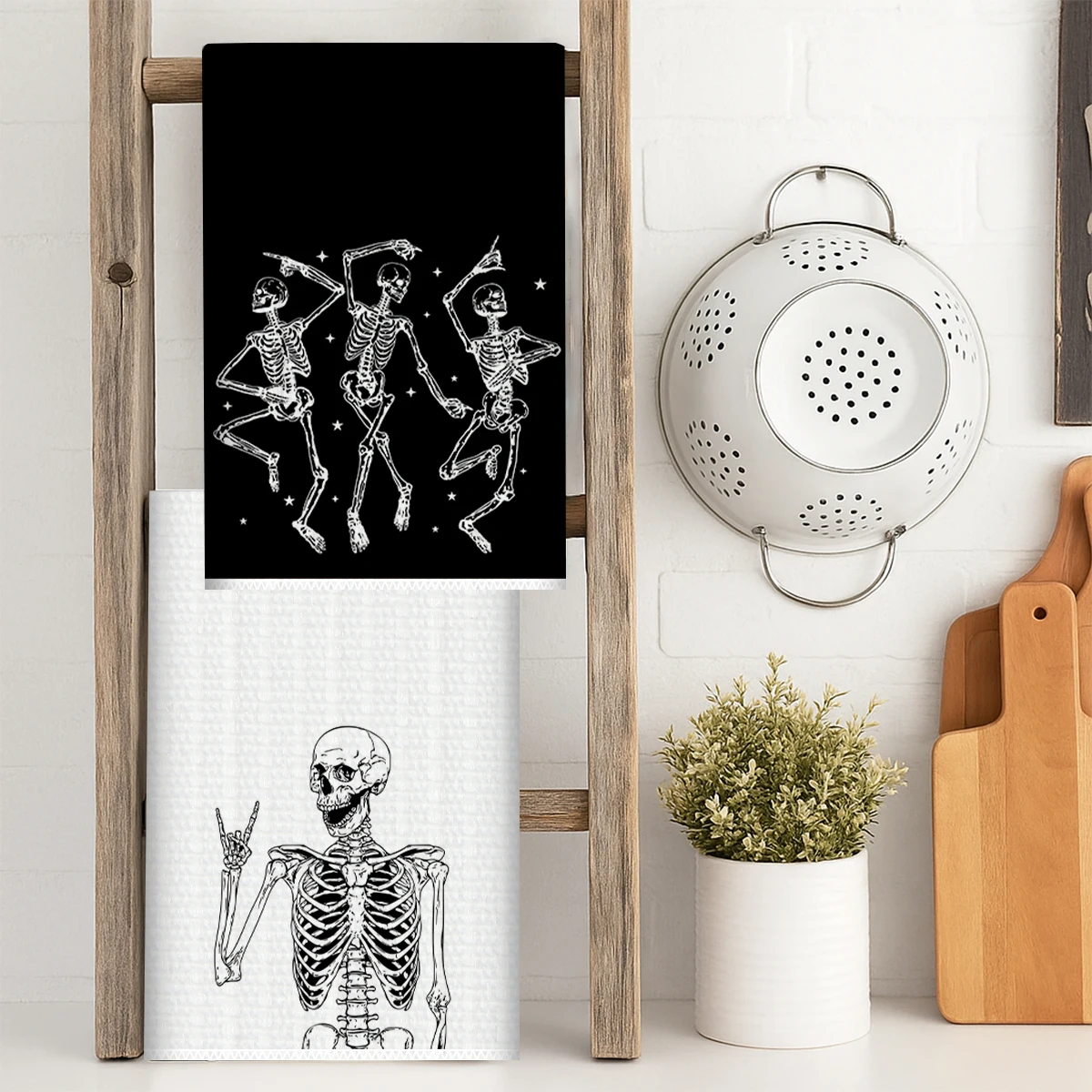 2 uds feliz Halloween calabaza fantasma cráneo murciélago estampado cocina paños de cocina toalla hecha a mano absorbente plato para decoración del hogar - imagen 4