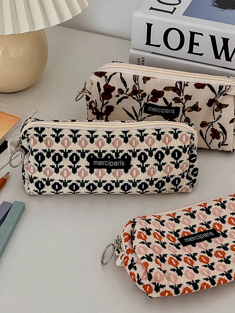 Estuche lápices pana con diseño floral vintage para escuela - imagen 2