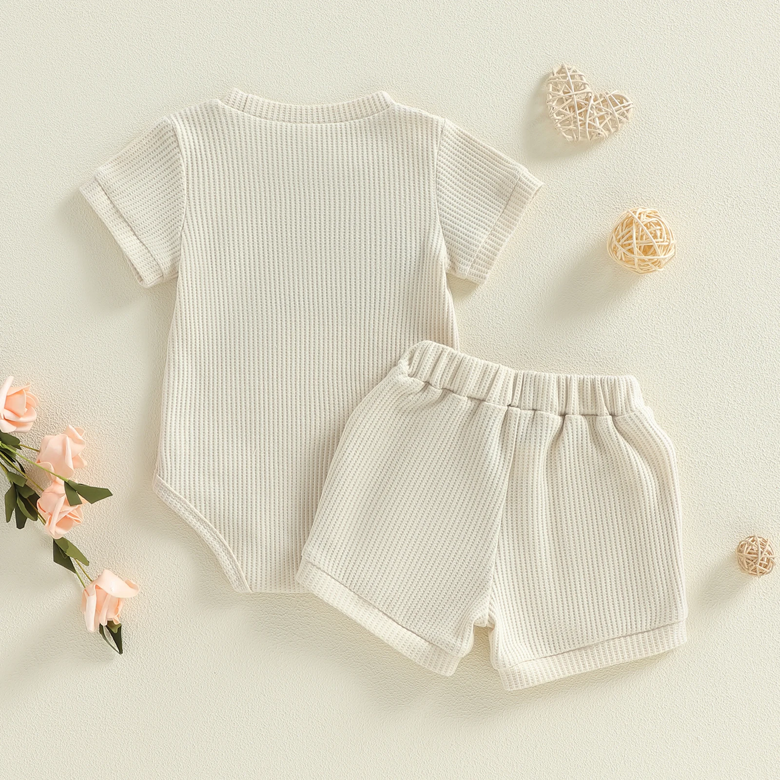 Conjunto de 2 piezas de pantalones cortos de cintura elástica sólida con cuello redondo y manga corta con bordado de letras de verano para bebé - imagen 4