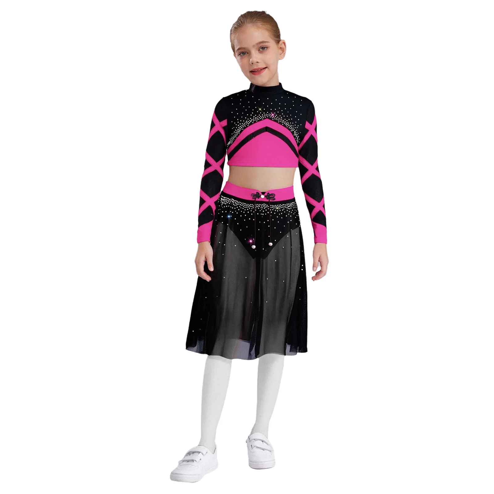 Conjuntos de baile de Ballet para niñas, Ropa de baile contemporánea moderna, trajes de bailarina, Top de manga larga con diamantes de imitación y falda de malla fluida - imagen 4