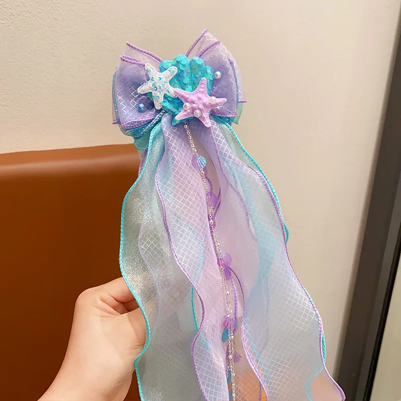 1 pieza dulce sirena de dibujos animados niños niña Clip de pelo azul púrpura brillo mancha Color perla borla horquilla moda sombreros para niños - imagen 5