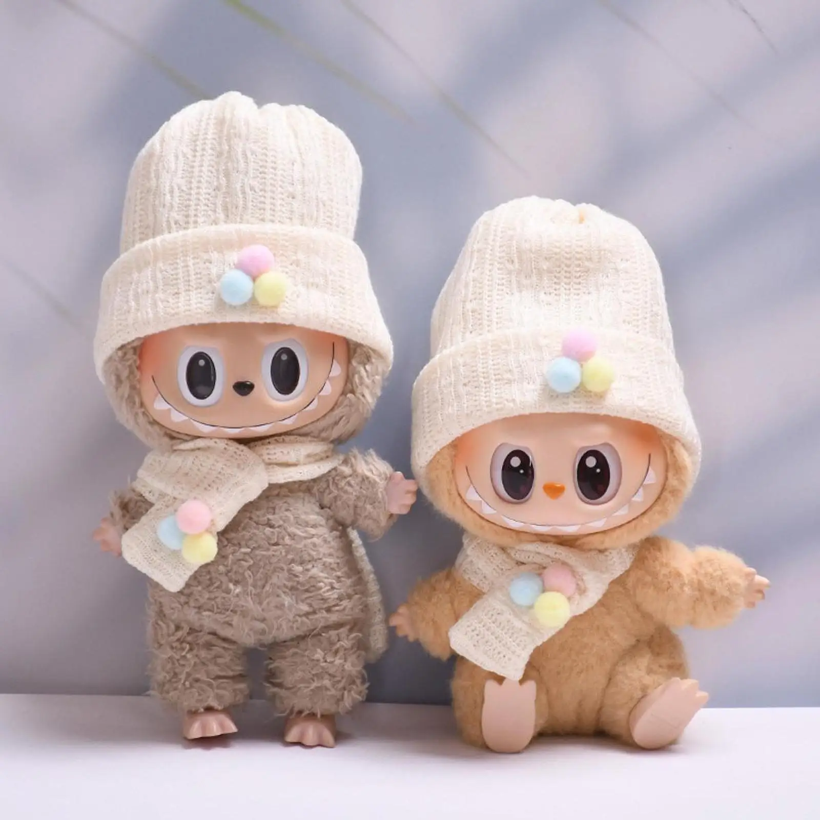 Cute Figure Knit Hat with Scarf Doll Cuffed Cap Cute Photo Props, Dress up DIY Stuffed Doll Hat Doll Headgear for 5.91''