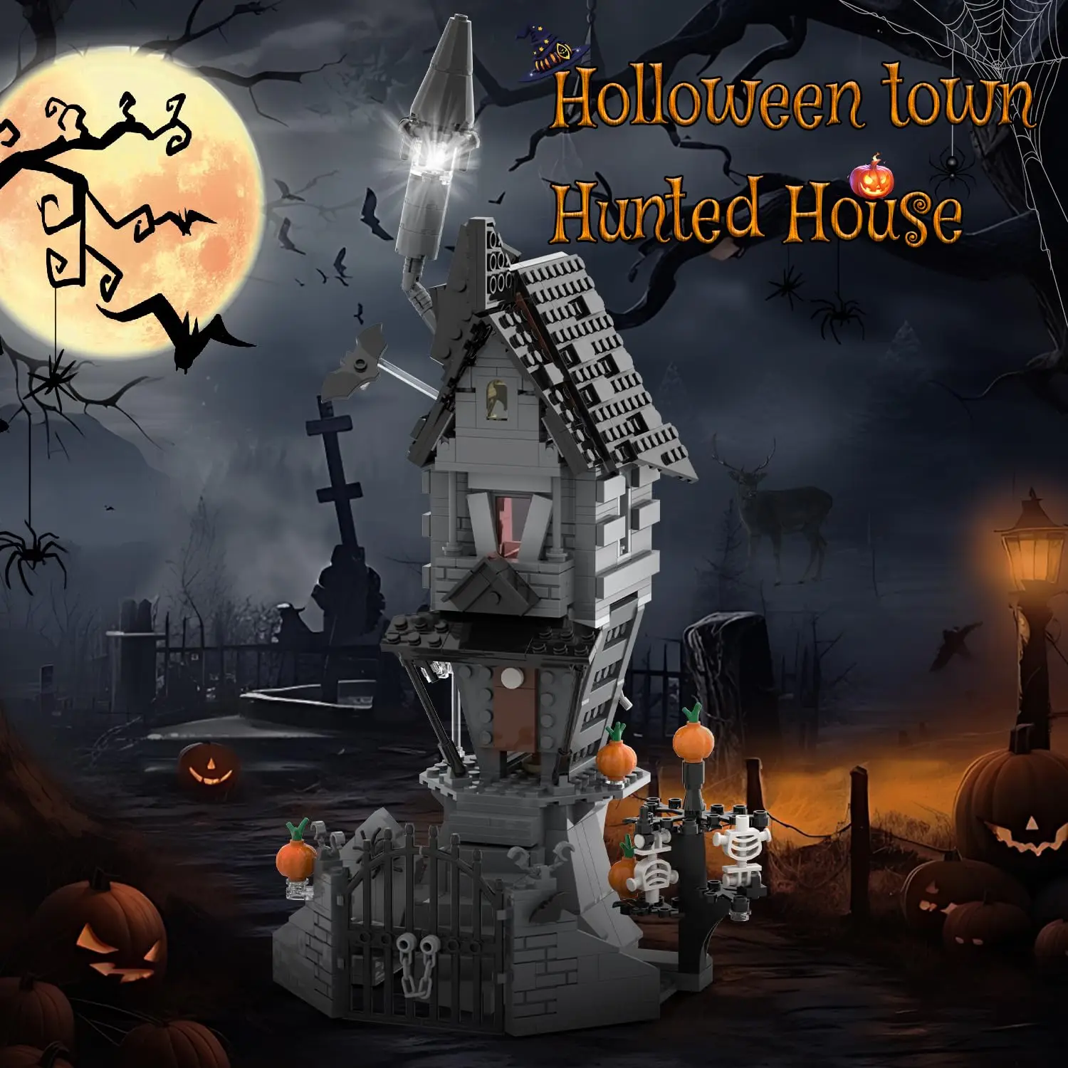 Bloques de construcción castillo de Halloween con calabaza y esqueleto - imagen 3