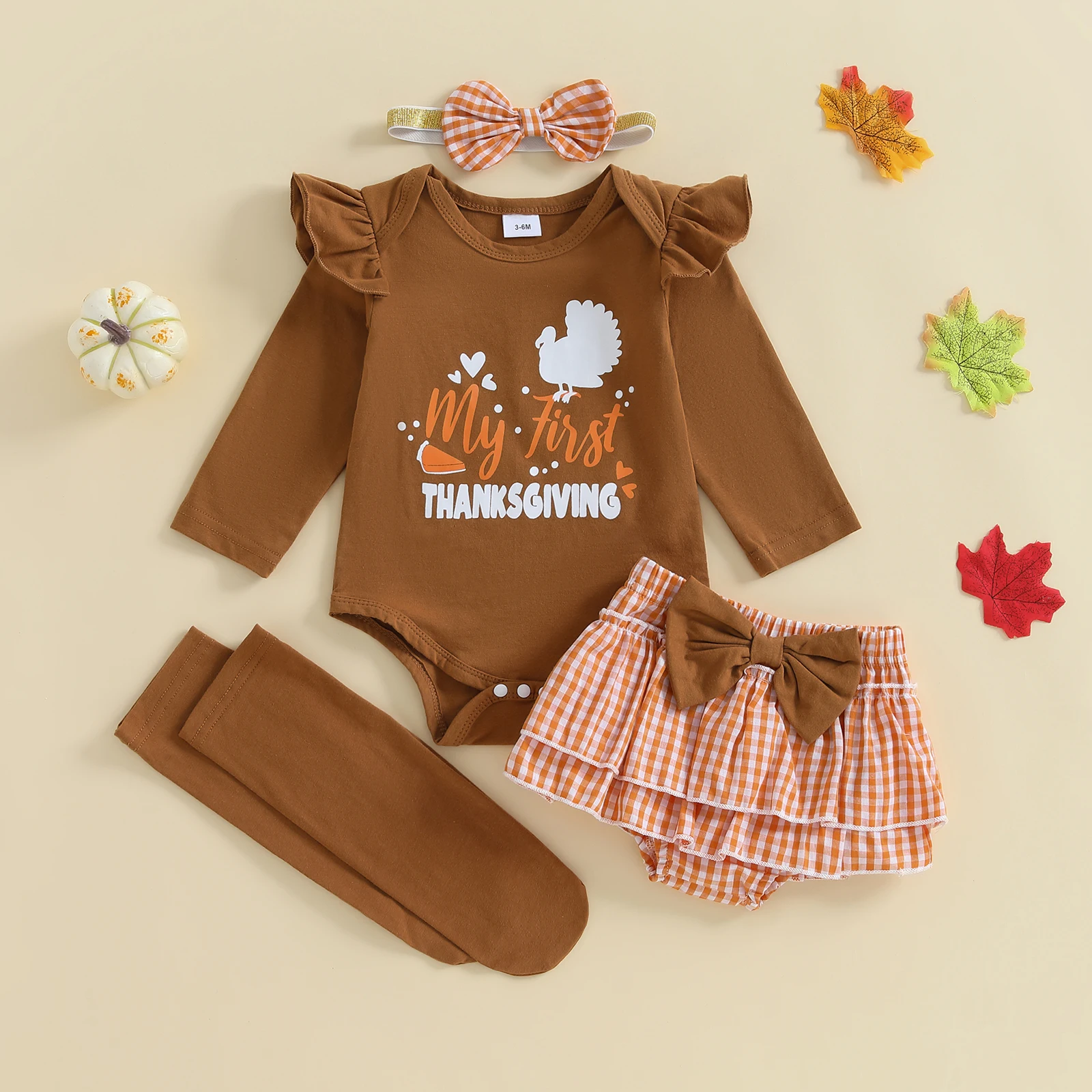 SUNSIOM Conjuntos de ropa para niña de 0 a 18 meses, pelele con estampado de letras de Acción de Gracias de manga larga, falda pantalón a cuadros con diadema y medias - imagen 2