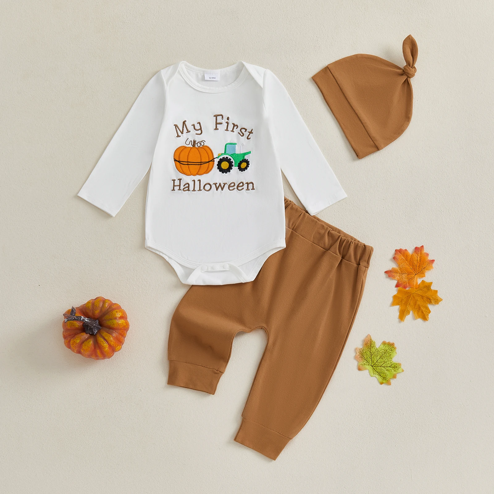 VISgogo Bebé Halloween 3 Piezas Conjuntos de Ropa de Manga Larga Letra Calabaza Bordado Mameluco Color Sólido Pantalones Sombrero
