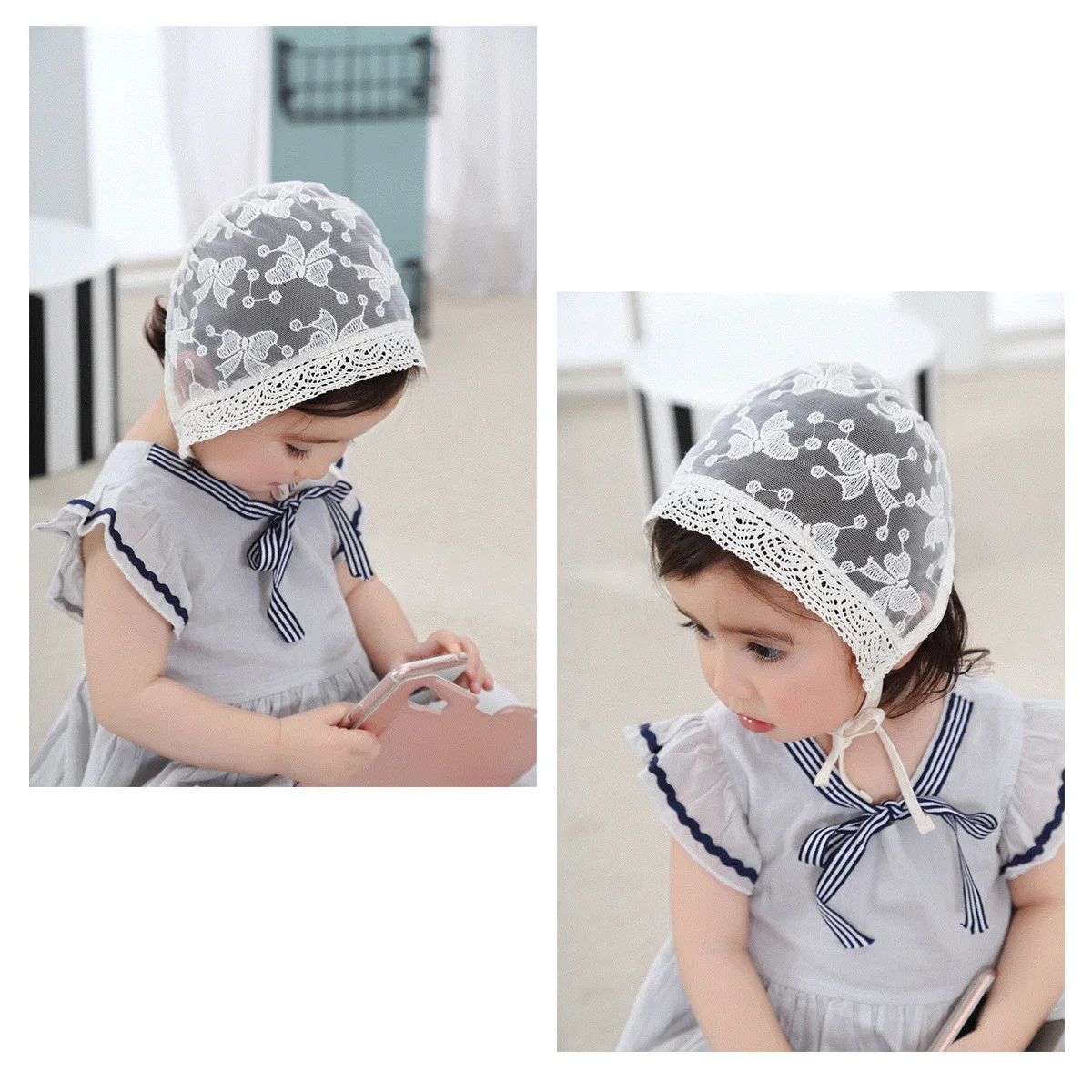 Gorro de encaje para bebé, gorro transpirable de algodón con lazo y lazo, talla infantil M, bonito gorro con decoración floral para bebé - imagen 2