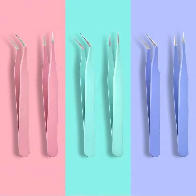 Herramienta de selección de pestañas recta + curvada de colores, pinzas de acero inoxidable para decoración de uñas, pegatina, diamantes de imitación, maquillaje, herramienta de pinzas DIY - imagen 2