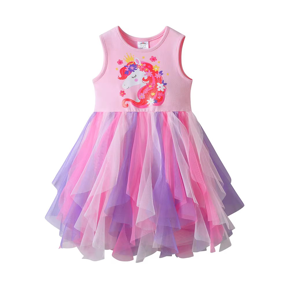 DXTON Vestido de algodón y tul para niña – Unicornio sin mangas - imagen 4