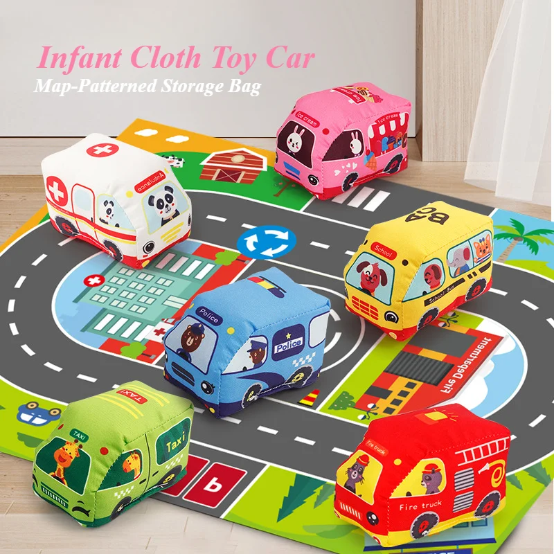 Coche de juguete suave Montessori para bebé con juego de mapa, bolsa de almacenamiento, libro de tela infantil, juguetes de entrenamiento sensorial de dibujos animados, regalos para niños pequeños