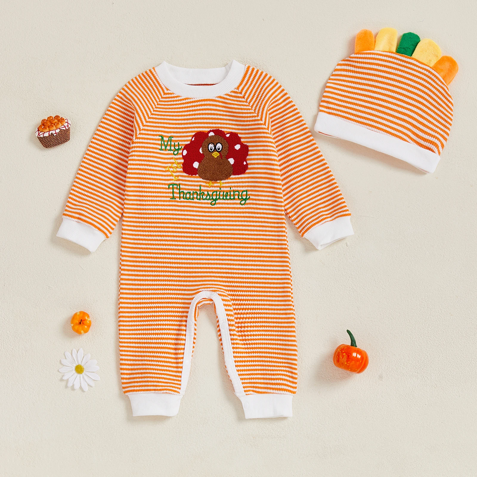 SUNSIOM Mameluco de Acción de Gracias para bebé, mono y sombrero de manga larga con estampado de rayas y bordado de pavo para niño pequeño, bonito atuendo