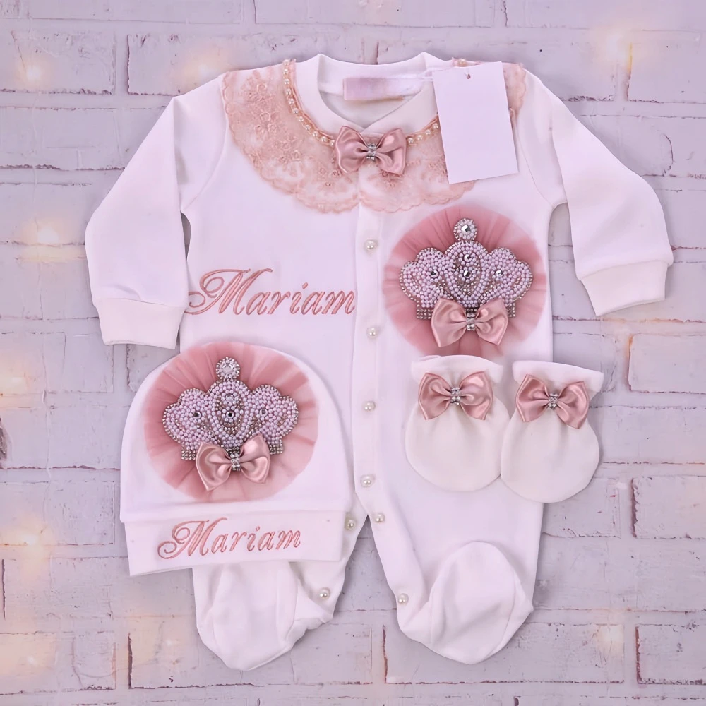 Dollbling corona nacarada Onederful Boho guardería cumpleaños niña malva rosa polvoriento traje francés encaje mono pastel Smash camisa conjunto - imagen 2