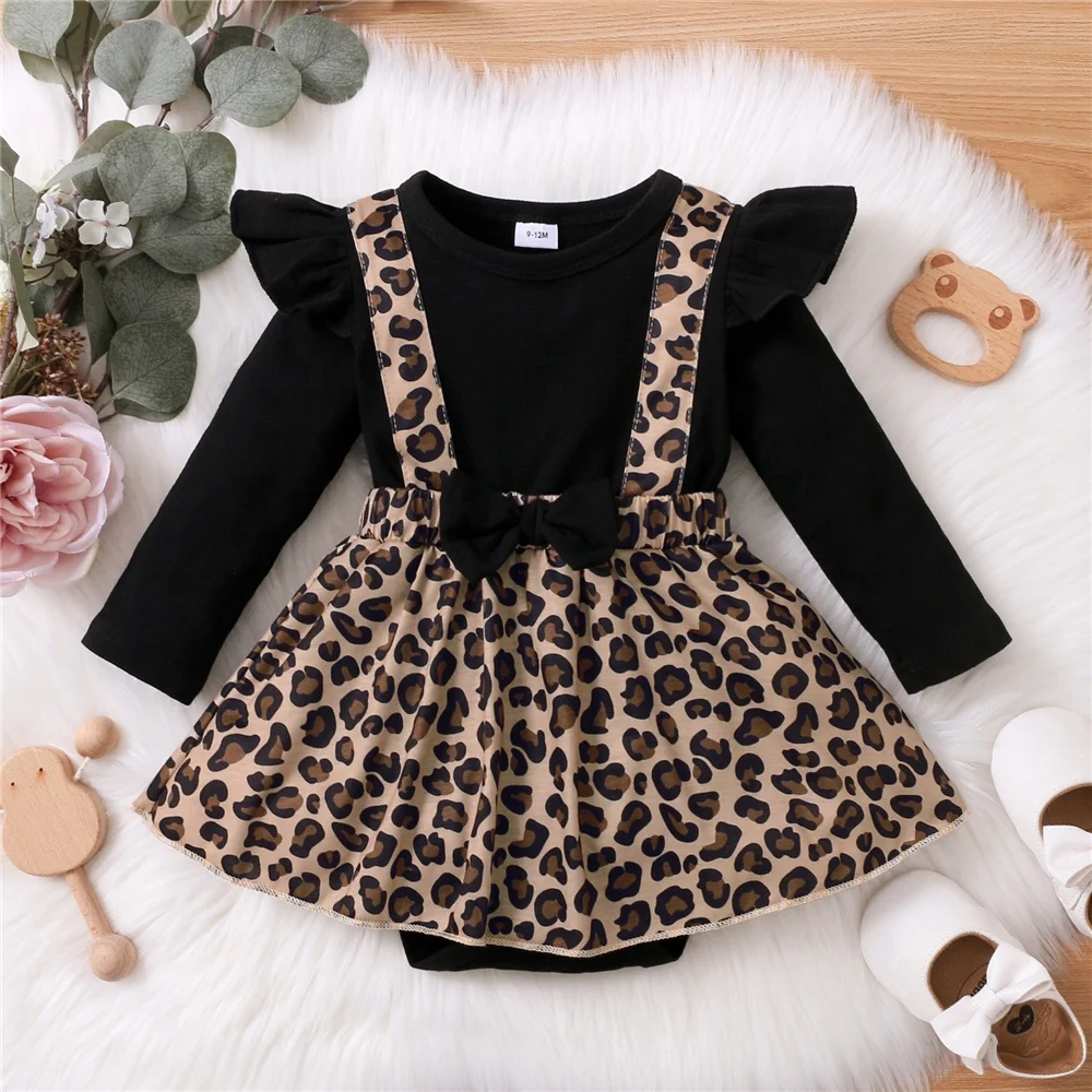 Vestido de niña recién nacida de 0 a 18 meses con lazo, vestidos de leopardo de manga larga, ropa de mono, mono bonito de moda infantil de otoño