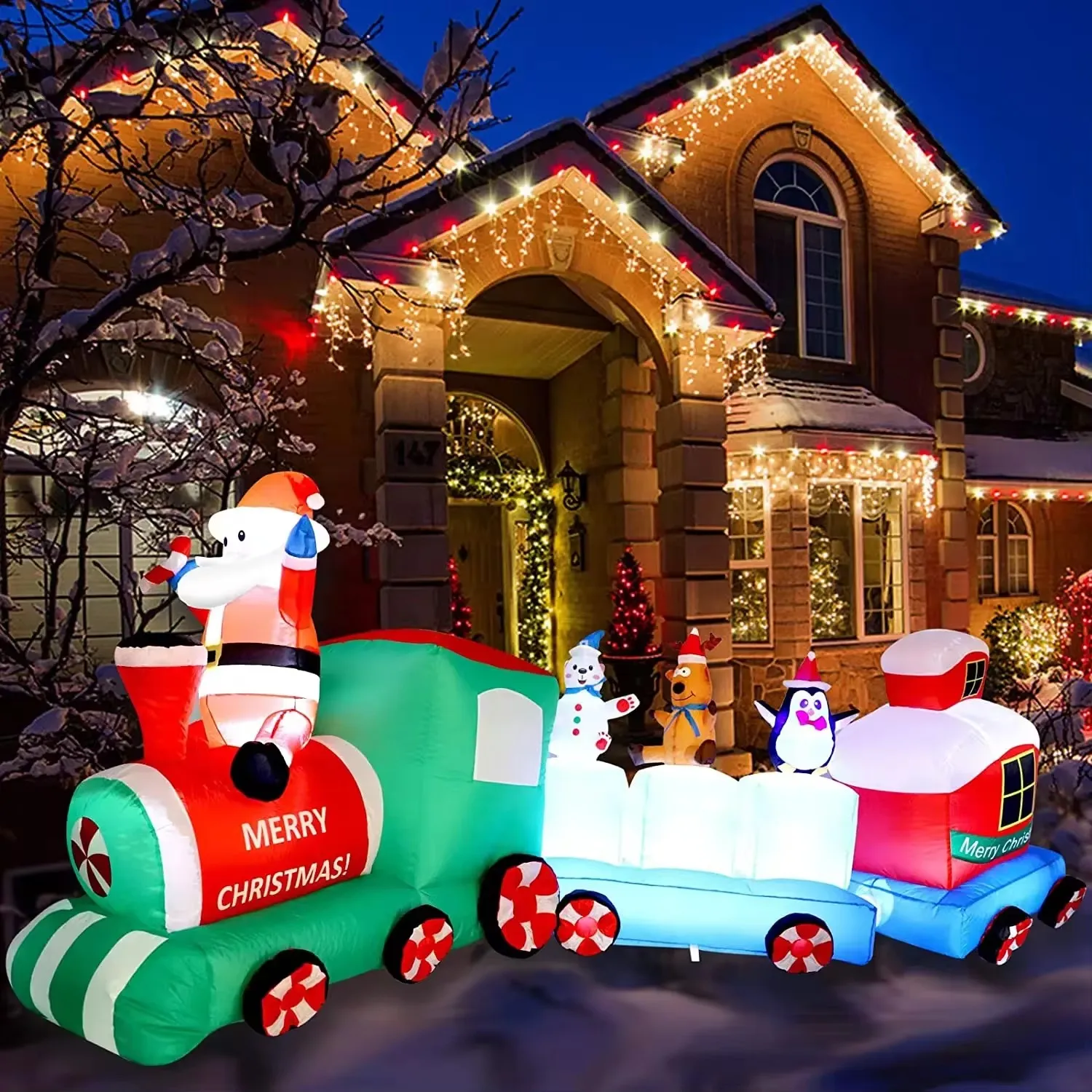 Tren inflable gigante de Navidad, luces LED de 2,7 M, adorno inflable, decoración Intdoor, fiesta de vacaciones de Año Nuevo, decoración al aire libre