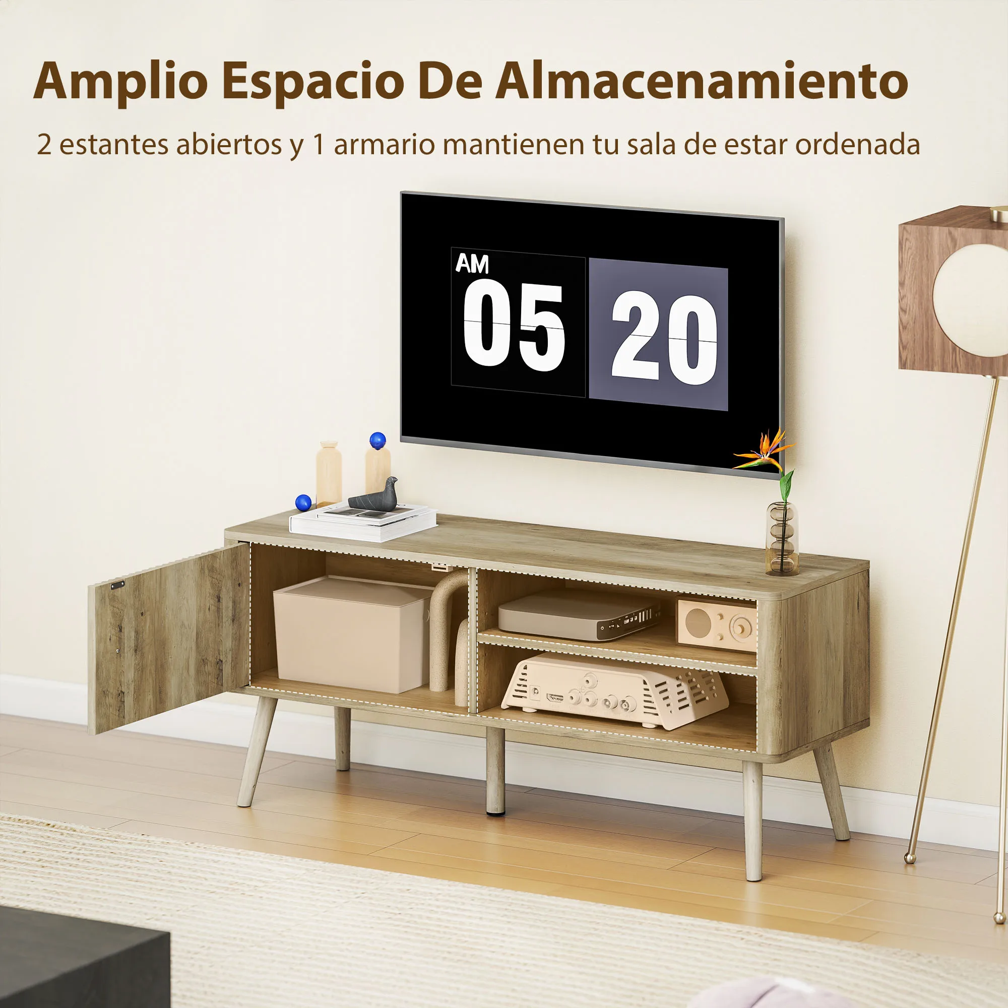 HOMCOM Mueble de TV, Mesa de TV 115 cm, Mueble para Televisión hasta 55 Pulgadas, con Puerta Acanalada, Estante Ajustable, Compartimentos Abiertos y Orificio para Cables, para Salón, Comedor, Roble - imagen 4