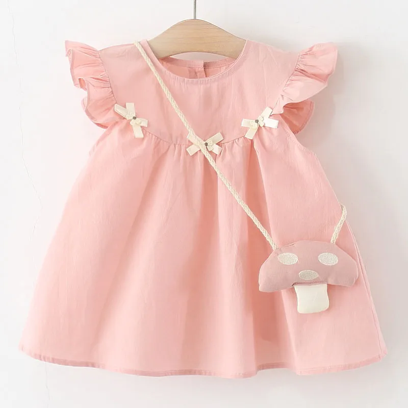 Vestidos de verano de 2 piezas, ropa para niñas, bonito vestido coreano de princesa con lazo liso sin mangas de algodón para niños pequeños + bolsa, ropa para bebés B087