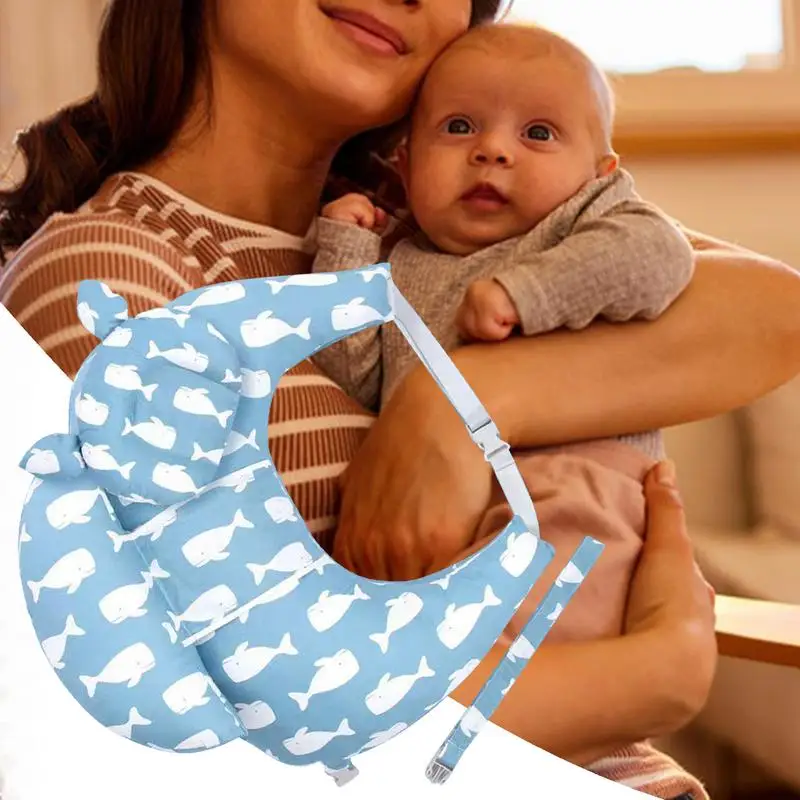Cojín de algodón en forma de C para niños, almohada de alimentación para mujeres embarazadas con correa ajustable, patrón de ballena azul, soporte de cintura para niños - imagen 2