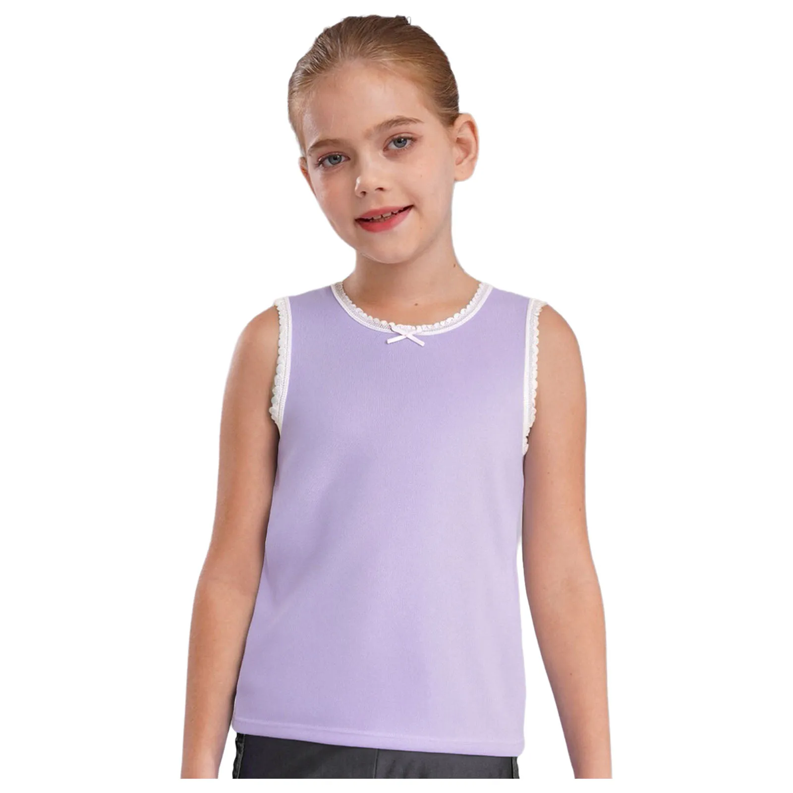 Tops cortos informales para niñas, camiseta sin mangas con adorno de encaje y lazo bonito, camisetas sin mangas con cuello redondo, ropa de algodón respetuosa con la piel para el hogar