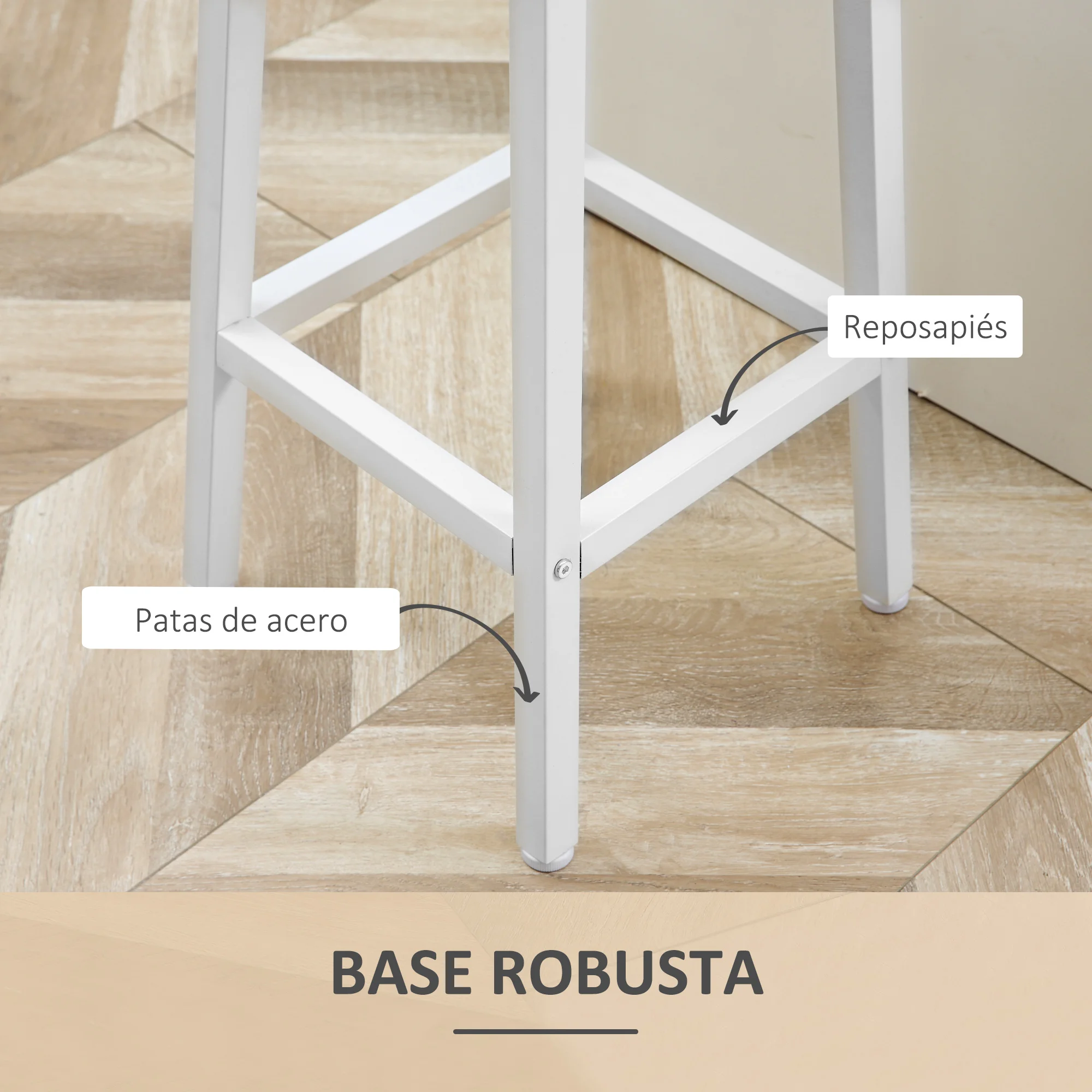 HOMCOM Juego de 2 Taburetes Altos de Cocina Taburetes de Bar con Patas de Acero y Reposapiés para Salón Comedor Bar Carga 75 kg 32,5x32,5x65 cm Natural y Blanco - imagen 5