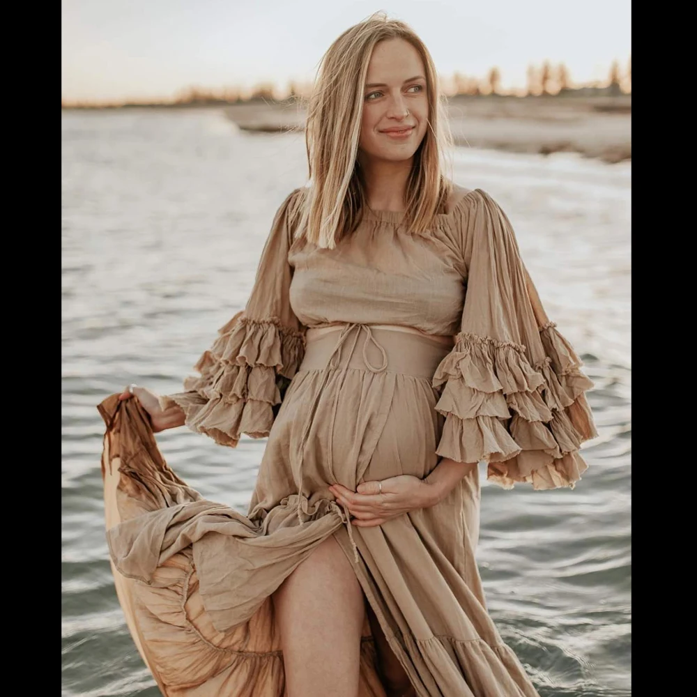Vestido niña lino y algodón plisado con encaje manga larga estilo boho