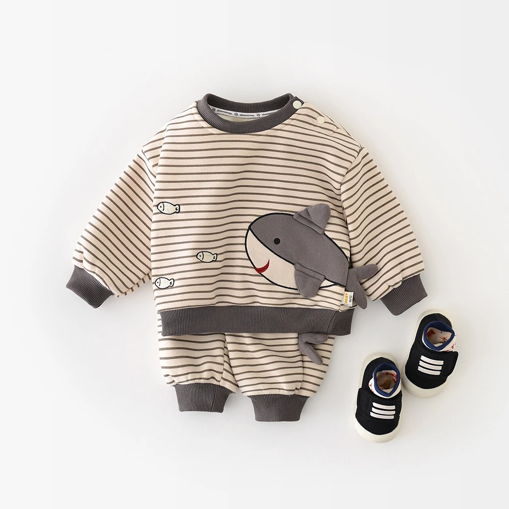 MILANCEL-Conjunto de ropa de invierno para bebé, Sudadera con capucha y pantalones a rayas con dibujos de tiburones de 6M-3Y, traje holgado acolchado de lana para niño pequeño, 2 uds.