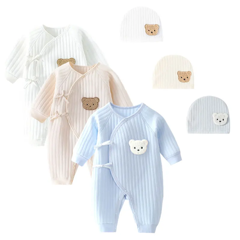 Body con sombrero para recién nacido, ropa de casa de 0 a 6M, gruesa, 100% algodón, para primavera y otoño, 3 piezas
