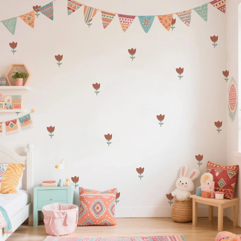 Pegatina de pared infantil roja con flores bohemias para habitación - imagen 2