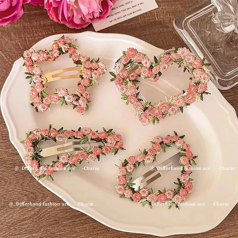 Horquilla flores bordadas con corazón rosa para niñas - imagen 5
