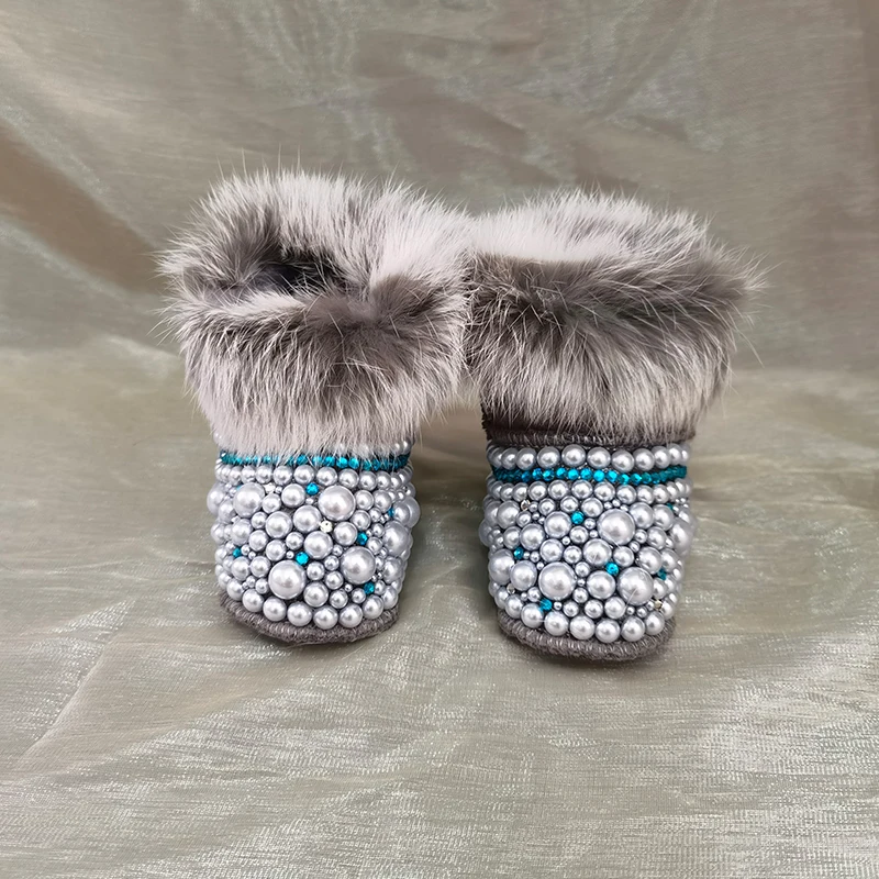 Dollbling Mommy Daugther Baby botas de perlas personalizadas hechas a mano, piel de lujo infantil, cuentas de marfil, botas de invierno ostentosas - imagen 4