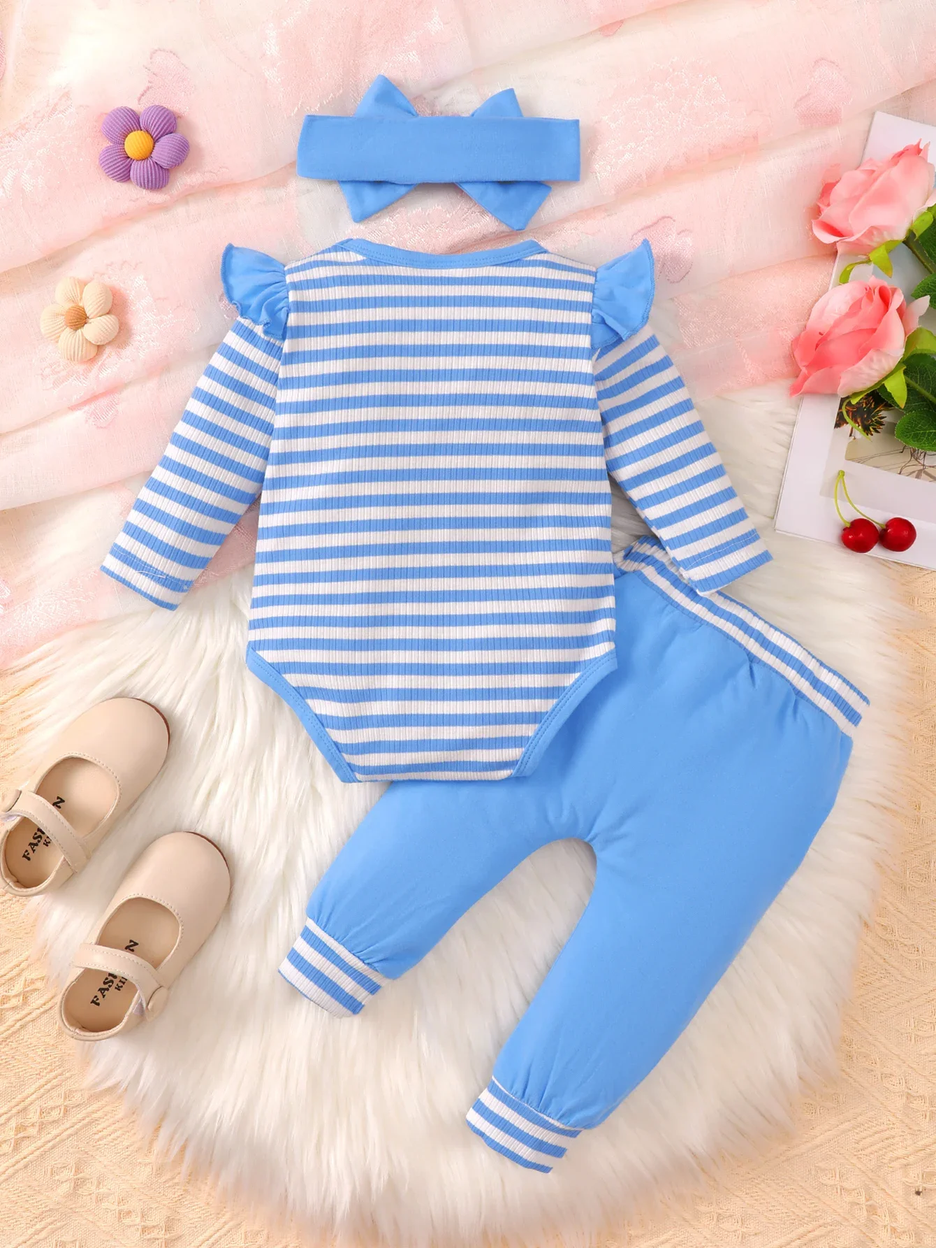 Conjuntos de ropa para bebé recién nacido, monos a rayas de manga larga con volantes, pantalones y diadema, bonitos dibujos animados, primavera y otoño - imagen 2
