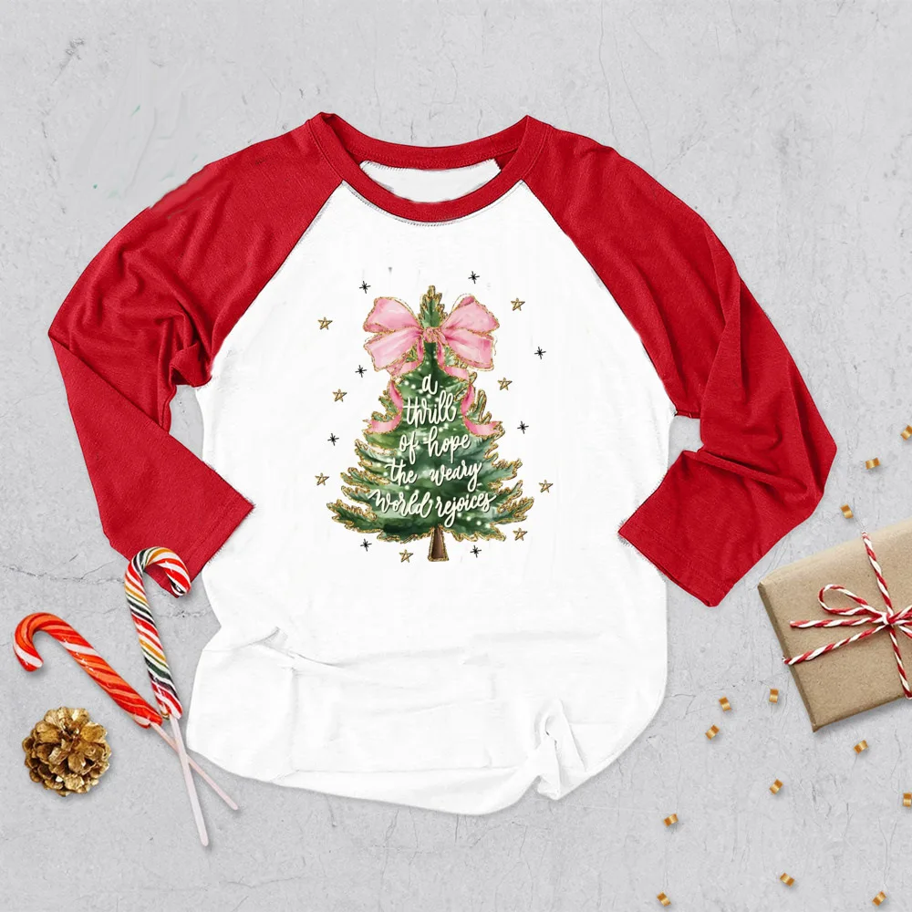 Christmas Tree Bow Print Christmas Kids Shirts Long Sleeve Raglan Boys Girls Graphic Tee Xmas Child Tees Holiday Party Gift Tops - imagen 4