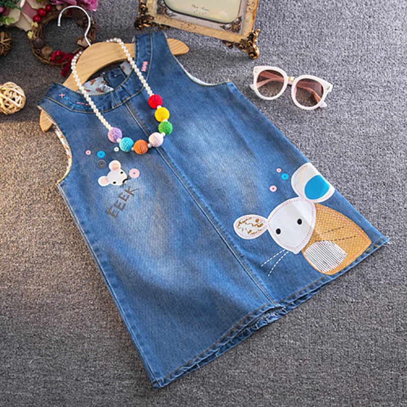 Vestido vaquero de verano con bordado de ratón para niñas 2-6 años - imagen 3