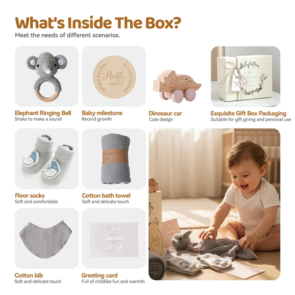 Juego de baño para bebé Let's Make, toalla de algodón, coche de juguete, sonajero de ganchillo, tarjetas de hito para bebé, zapatos de bebé, regalo para recién nacido con caja de regalo - imagen 5