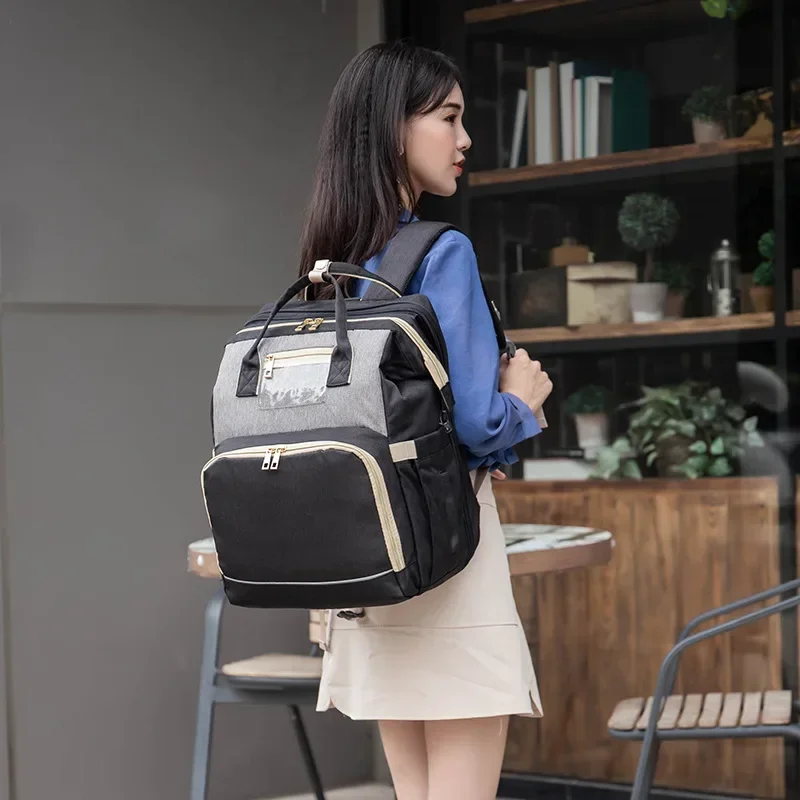 EG191 Bolsa de mamá de gran capacidad, mochila plegable para cama de bebé, bolsa de pañales multifunción, bolsa de lactancia para mamás