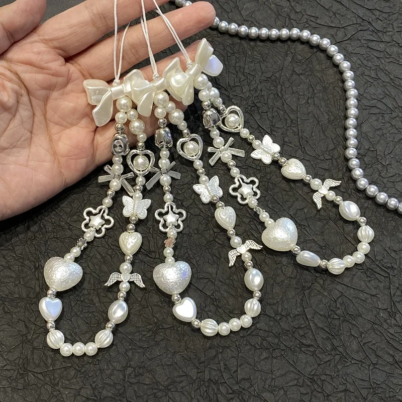 INS coreano lindo lazo blanco corazón cuentas de perlas cadena de teléfono con cuentas para cámara iPhone cuerda colgante cordón antipérdida colgante - imagen 4
