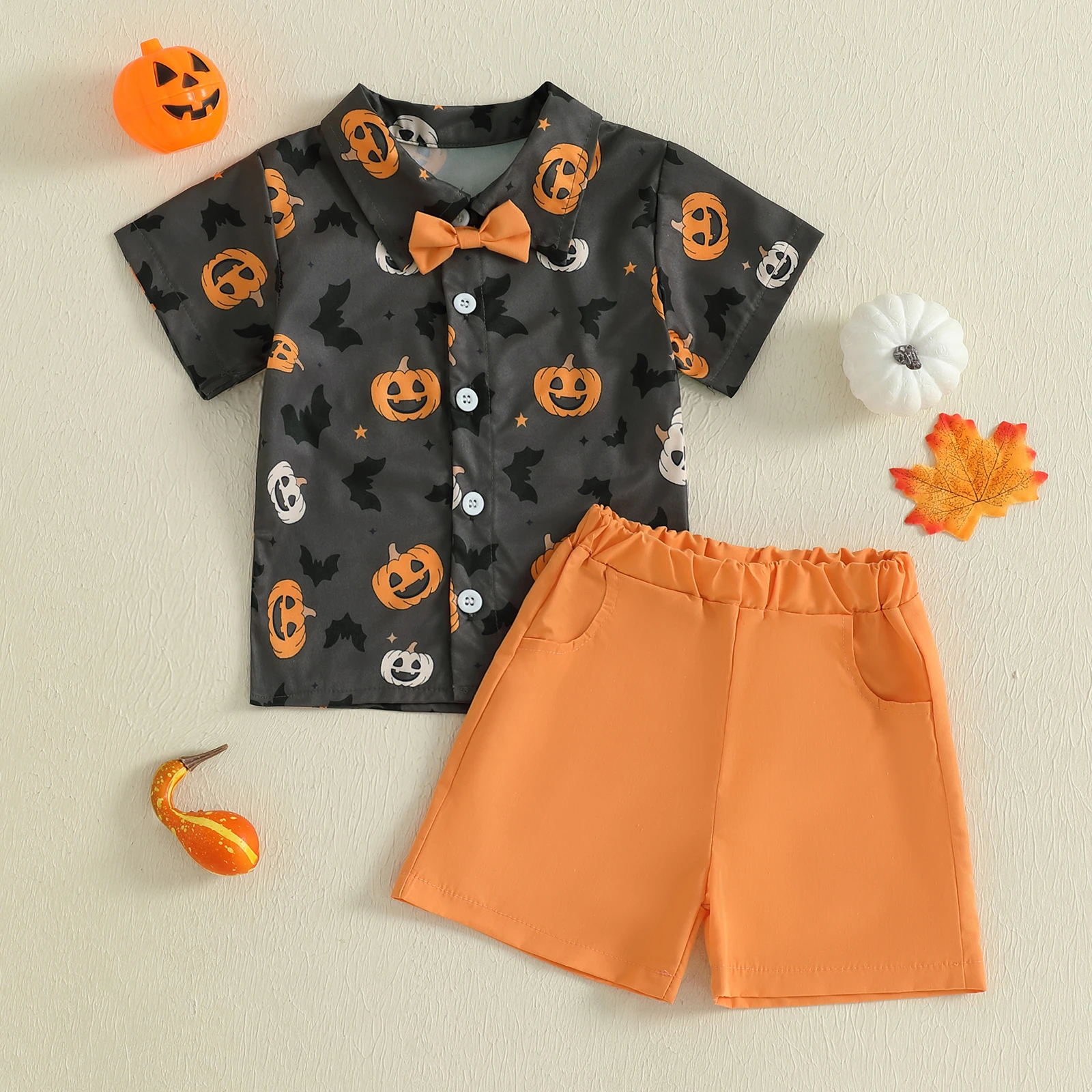 VISgogo Conjuntos de Halloween para niños con estampado de murciélago y calabaza, pajarita, camisas de manga corta, Tops y pantalones cortos de cintura elástica, conjunto de ropa de 2 piezas