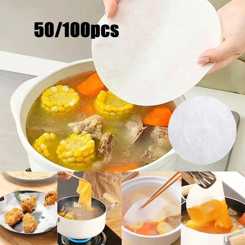 Papel absorbente de aceite de calidad alimentaria, reduce la grasa en alimentos fritos y sopas, papel de filtro de cocina redondo para una cocina saludable, 50/100 Uds.