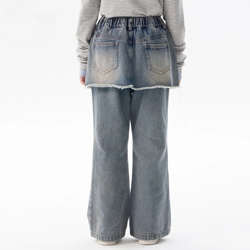 ¡2025 nuevos pantalones vaqueros coreanos falsos de dos piezas de otoño para niñas: pantalones casuales elegantes, suaves, duraderos y de moda para niñas grandes y pequeñas! - imagen 2