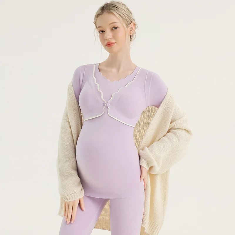 Conjunto de pijamas de ropa de maternidad, ropa de casa posparto, Tops de lactancia, ropa de otoño para mujeres embarazadas con almohadillas para el pecho - imagen 3