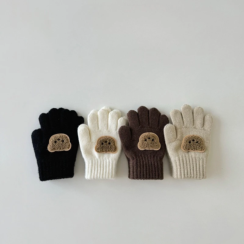 Manoplas de oso de dibujos animados para bebé, guantes cálidos de invierno para niños, guantes tejidos de Color sólido para niños pequeños, guantes gruesos para la dentición para niños de 3 a 7 años - imagen 2